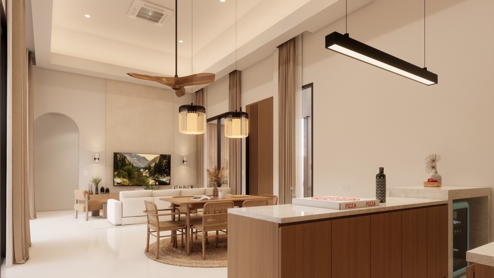 Sunlit wooden deck beside the pool