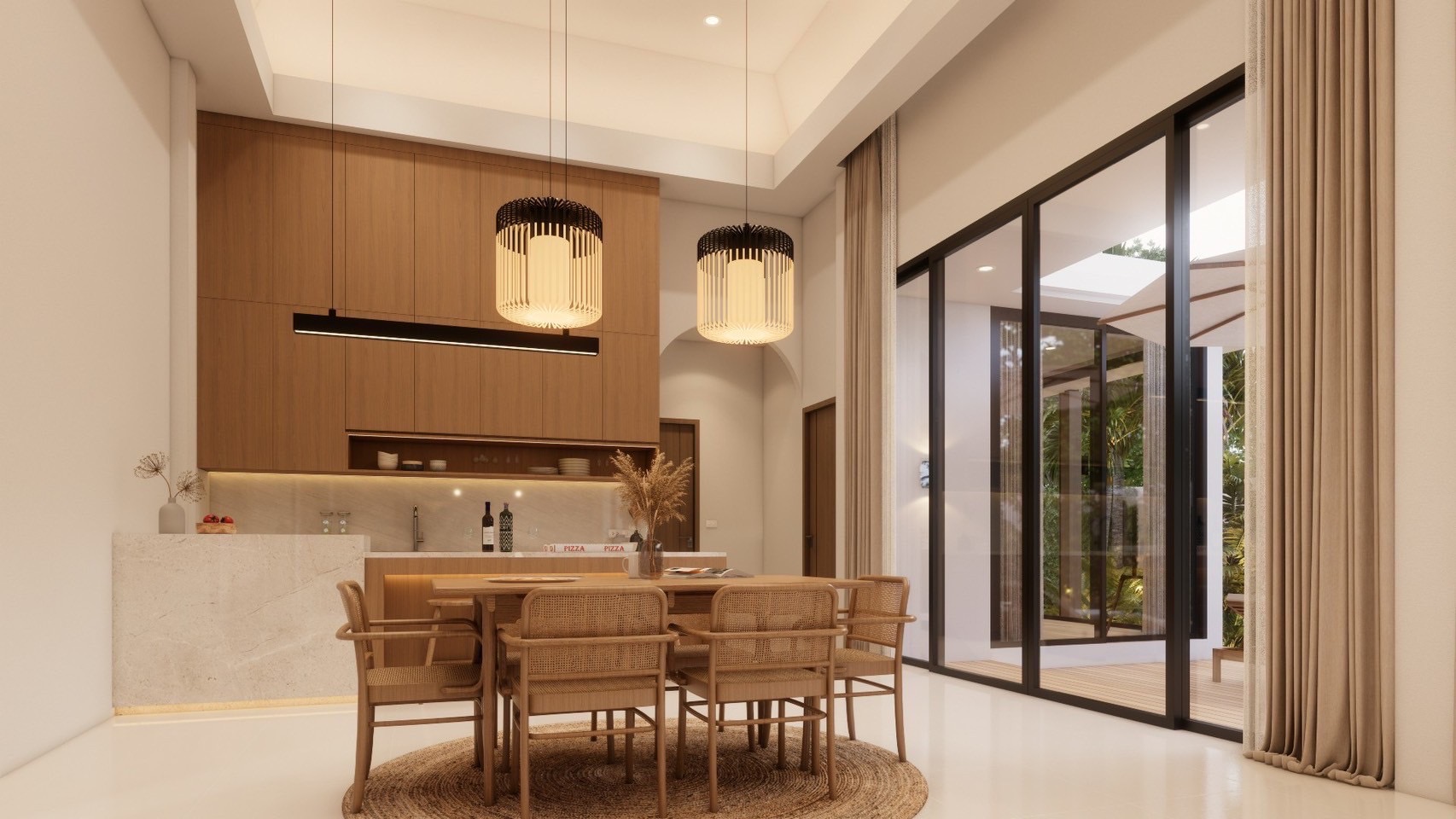 Open-plan living room with natural wood