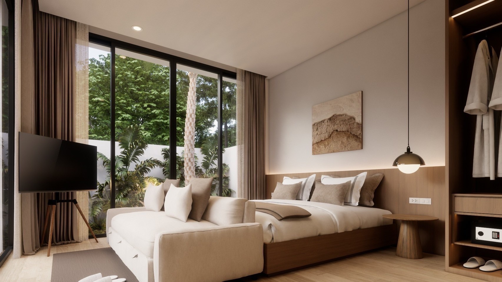 Bedroom with floor-to-ceiling windows facing greenery