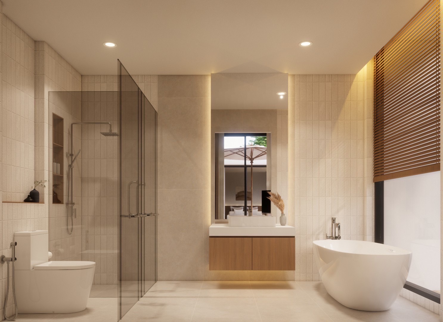 Evening pool view with warm lighting