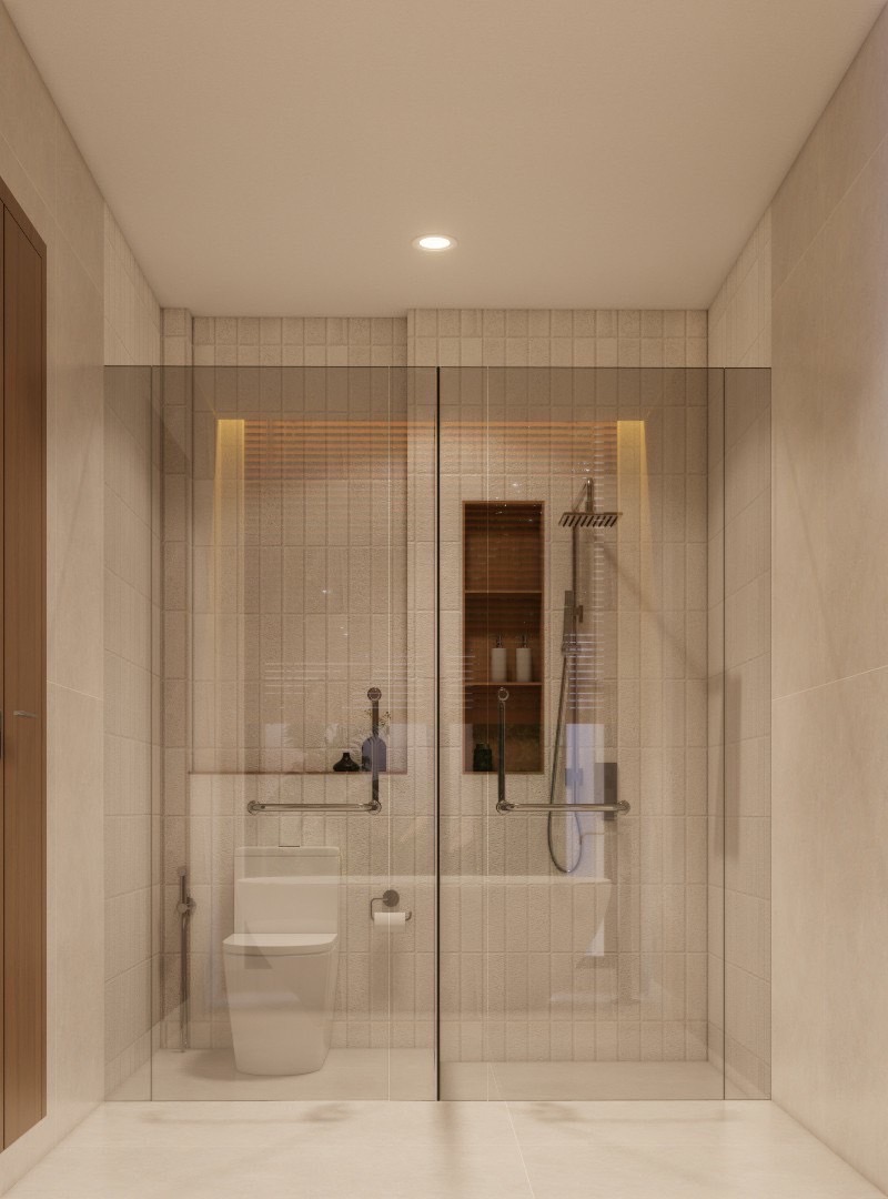 Architect reviewing wooden house design blueprints by a window of trees